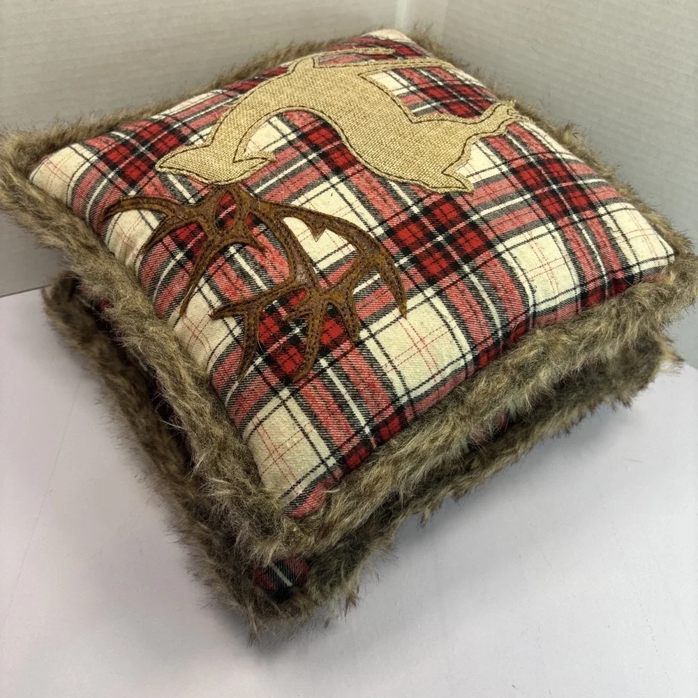 Pair Of Red Plaid Flannel Christmas Accent Pillow Faux Reindeer & Faux Fur‎  13